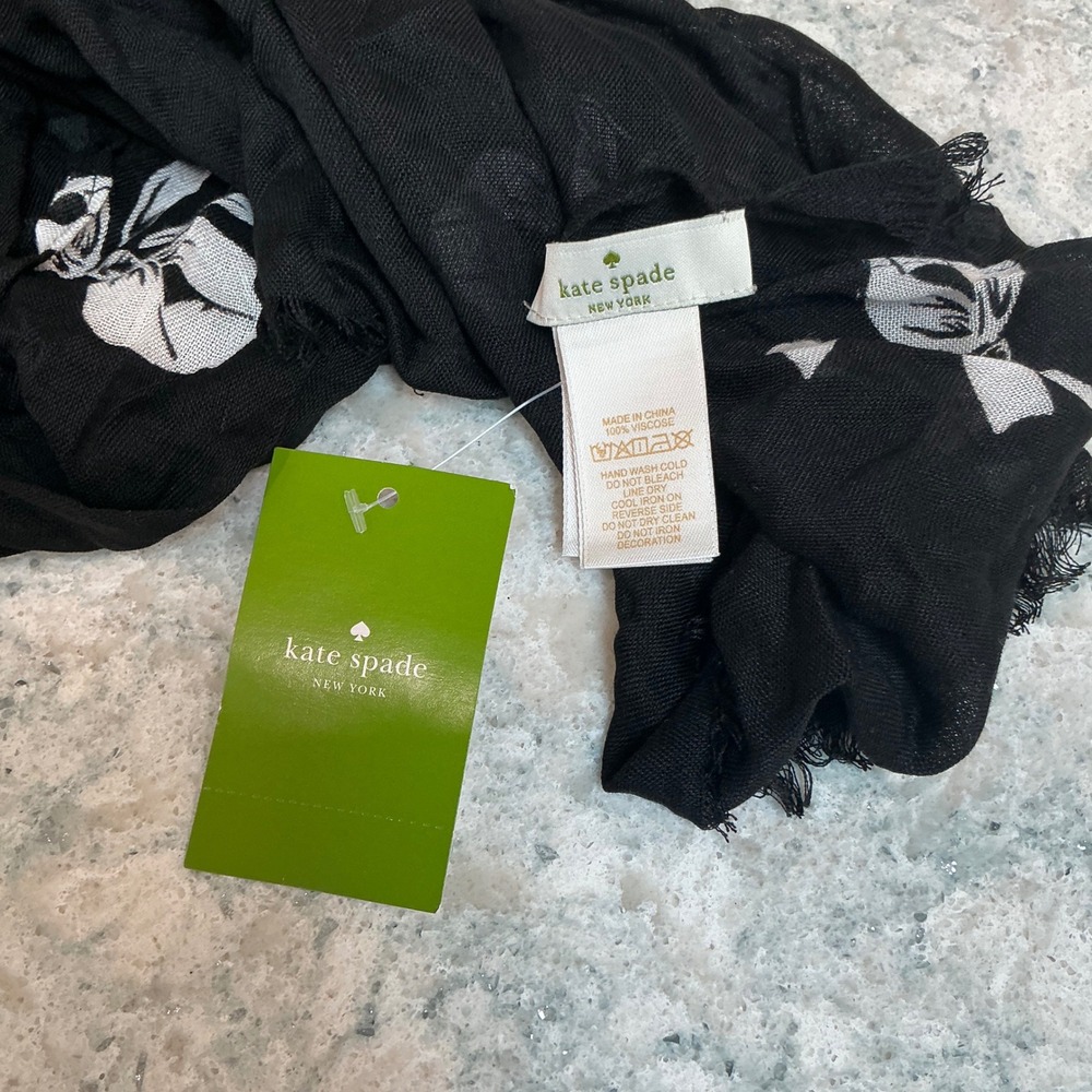 Kate Spade Scarf Bow Oblong Scarf O/S Black White Bow Print Eyelash Fringe New